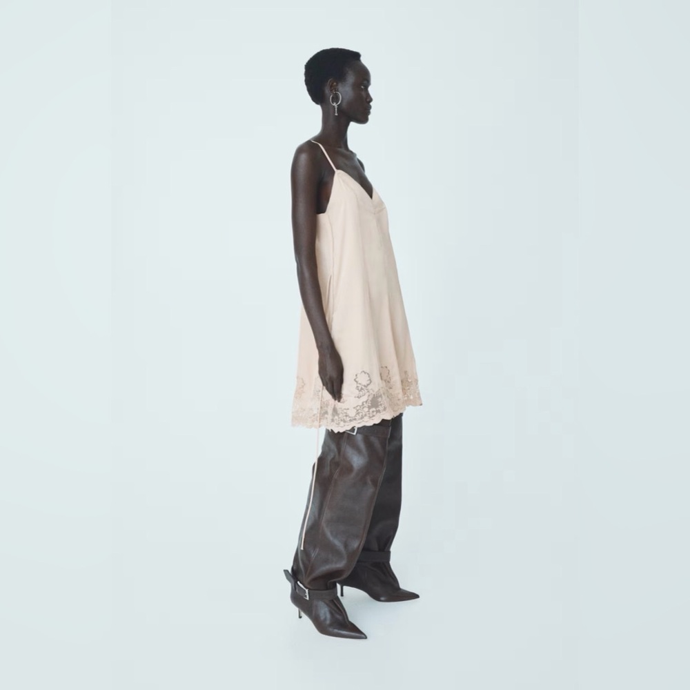 H&M Studio Collection Lace-Inset Satin Dress – Peach Pink – XS (Fits S)